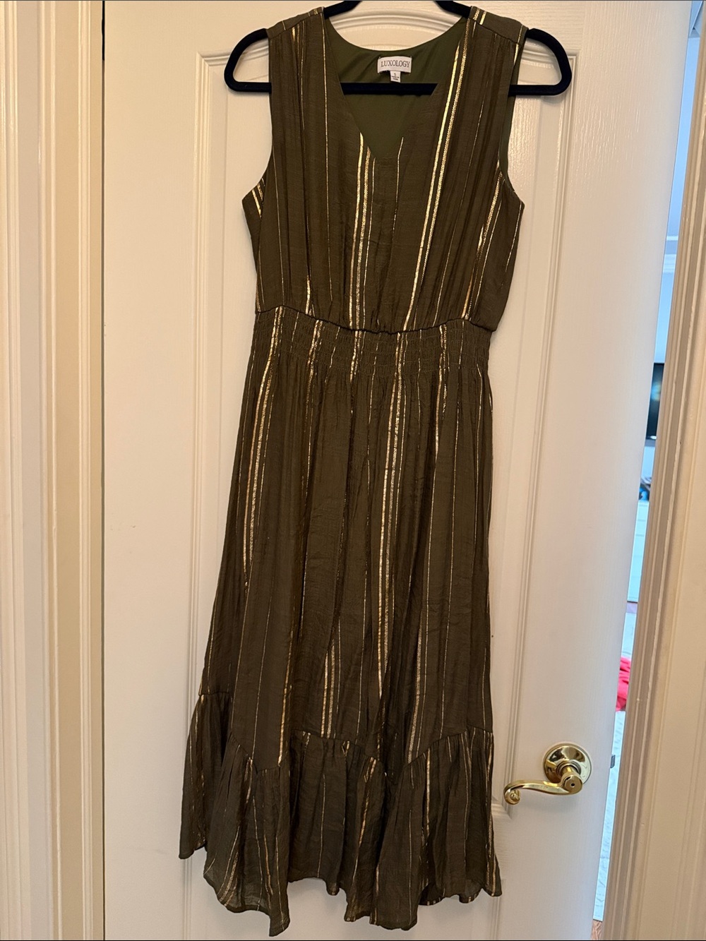 Luxology Olive Green Dress with Metallic Gold Stripes
